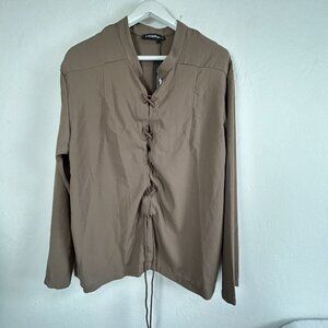 INCERUN Mens Fashion Lace Up Design Shirt Large Brown Long Sleeve Casual New